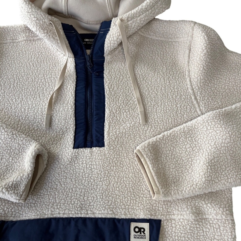 Outdoor Research Sherpa Fleece Hoodie Medium Cream Navy Blue Anorak Juneau Mens